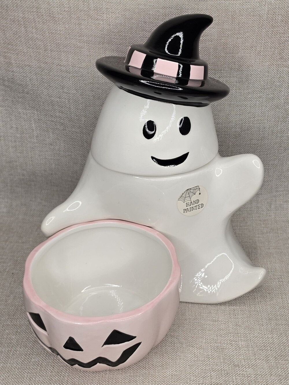 Cobwebs & Cauldrons Hand Painted White and Pink Ghost Halloween Candy Dish New